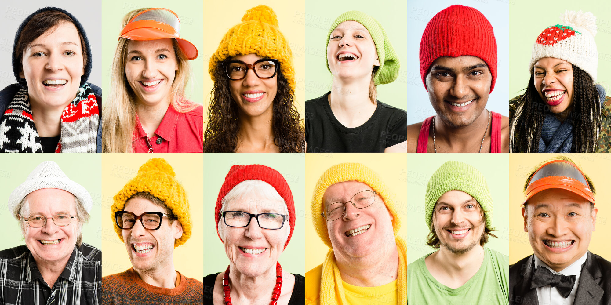 Buy stock photo Collage, funny and face of people with silly hat day for creative work portrait in studio with diversity. Comic, montage and crazy expression with fun, quirky and humor for prank or goofy with joke