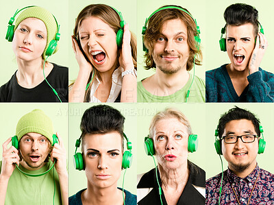 Buy stock photo Collaged shot of a diverse group of people standing in the studio and posing while listening to music though headphones