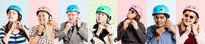 Buy stock photo Collage, people and helmet with diversity for safety in cycling, commute and eco friendly travel. Banner, composite and smile for inclusion, generations or multicultural as happy on studio background