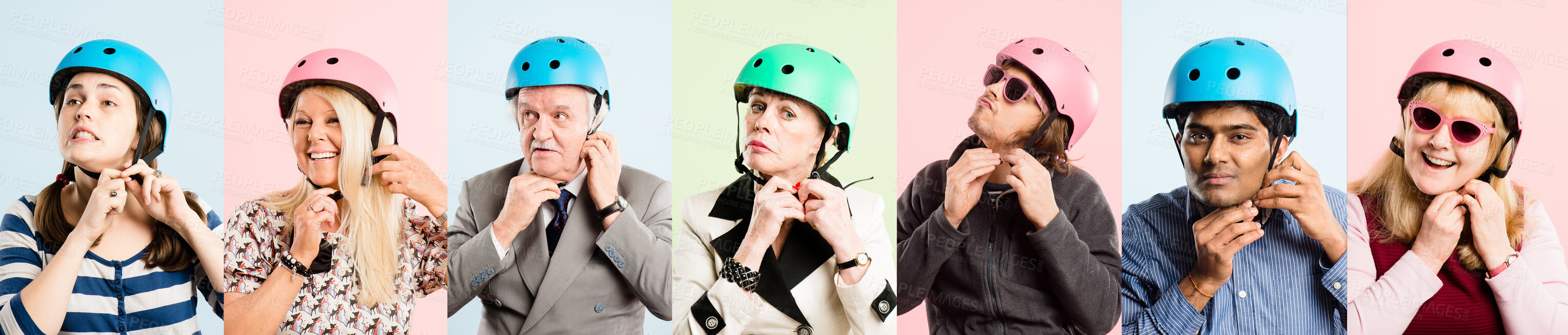 Buy stock photo Collage, people and helmet with diversity for safety in cycling, commute and eco friendly travel. Banner, composite and smile for inclusion, generations or multicultural as happy on studio background