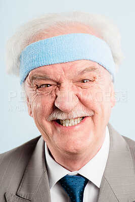 Buy stock photo Studio, mature businessman and portrait with silly for funny expression, joke and happiness with confidence. Goofy face, male person and cheerful by white background for gossip, comedy and headband