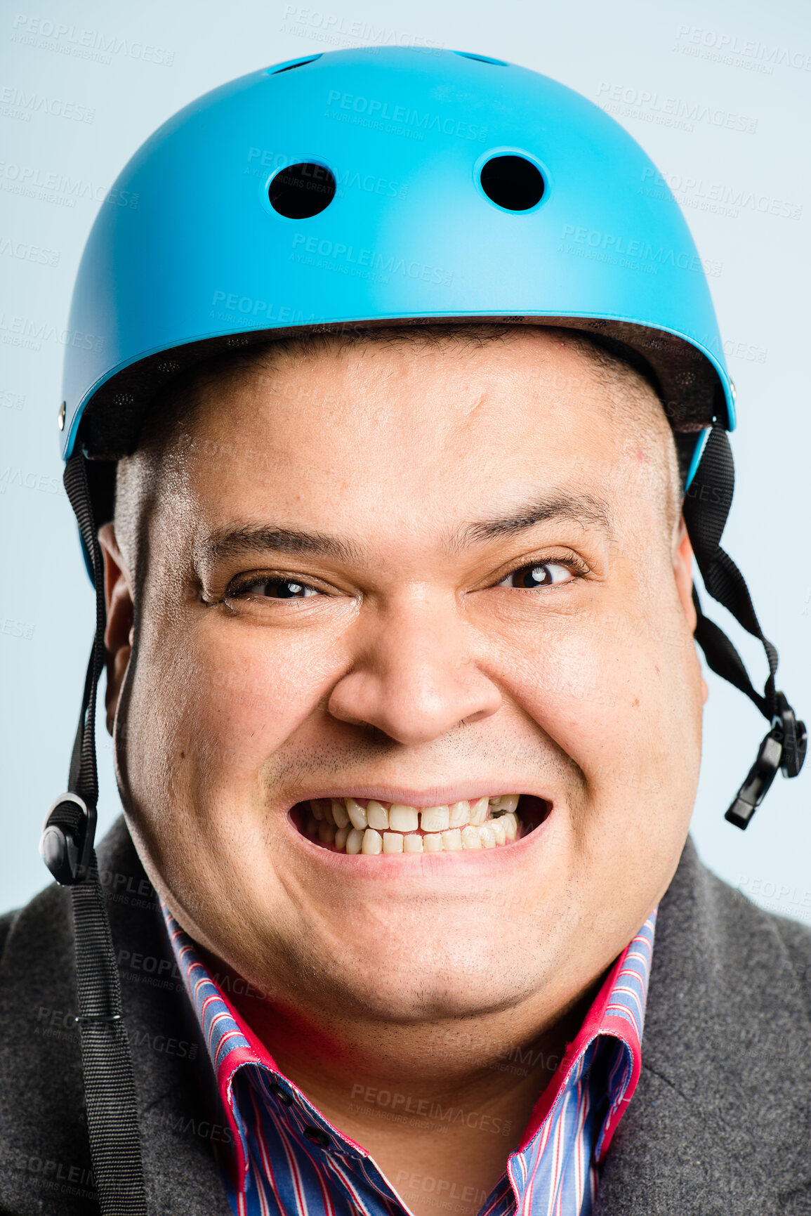 Buy stock photo Happy, portrait and businessman with helmet in studio with excitement for commute to work. Crazy, smile and face of male corporate employee with safety equipment for travel by white background.