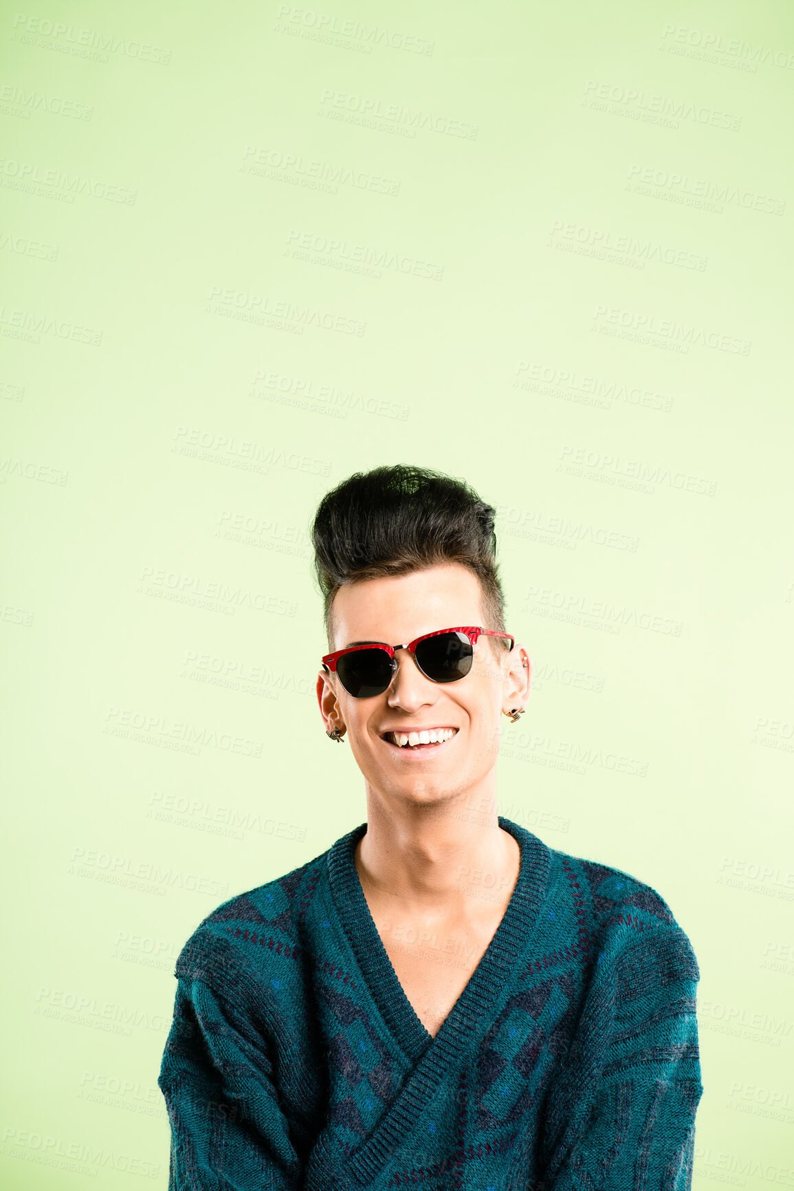 Buy stock photo Fashion, sunglasses and face of man on green background with smile, trendy style and cool accessories. Happy, mockup and portrait of person with eyewear for aesthetic, pride and confident in studio