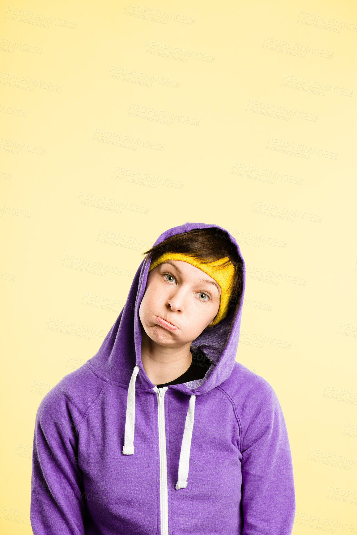 Buy stock photo Sad, sulking and face of woman in studio with annoyed, comic or grumpy facial expression. Upset, unhappy and portrait of young female model with moody personality isolated on yellow background