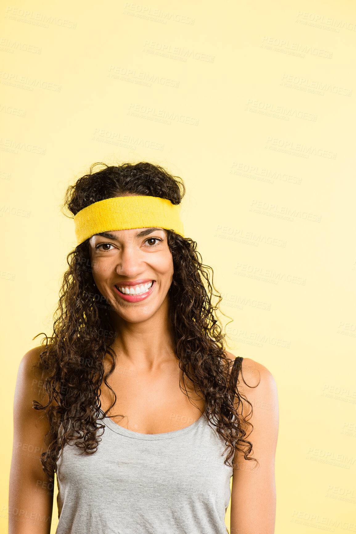 Buy stock photo Vintage, fitness and portrait of happy woman in headband, smile or positive attitude for gym in studio space. Mockup, face and girl in retro style, exercise fashion or confidence on yellow background