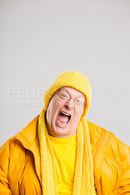 Buy stock photo Shouting, screaming and portrait of man on gray background with anger, upset and crazy reaction. Body language, fashion announcement and isolated person with loud noise, voice and comic in studio