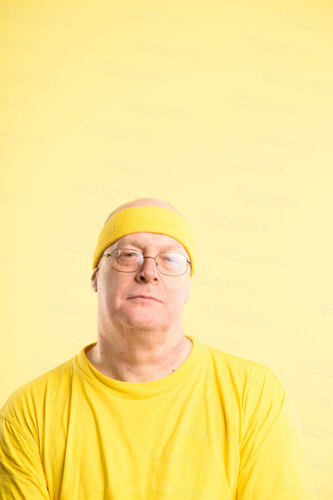 Buy stock photo Retro, gym and portrait of man with headband, serious and exercise workout in studio mockup. Pride, face and mature person with vintage style, fitness fashion or confidence on yellow background space