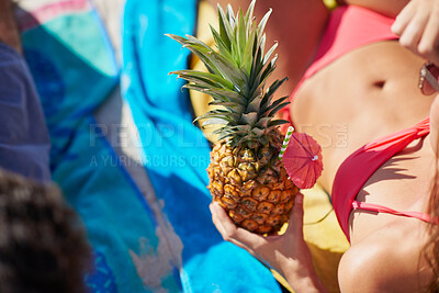 Buy stock photo Pineapple drink, beach and woman in bikini for summer, holiday and tropical vacation with healthy food or juice. Cocktail drink, fruit and person relax outdoor in sunshine for travel and diet body