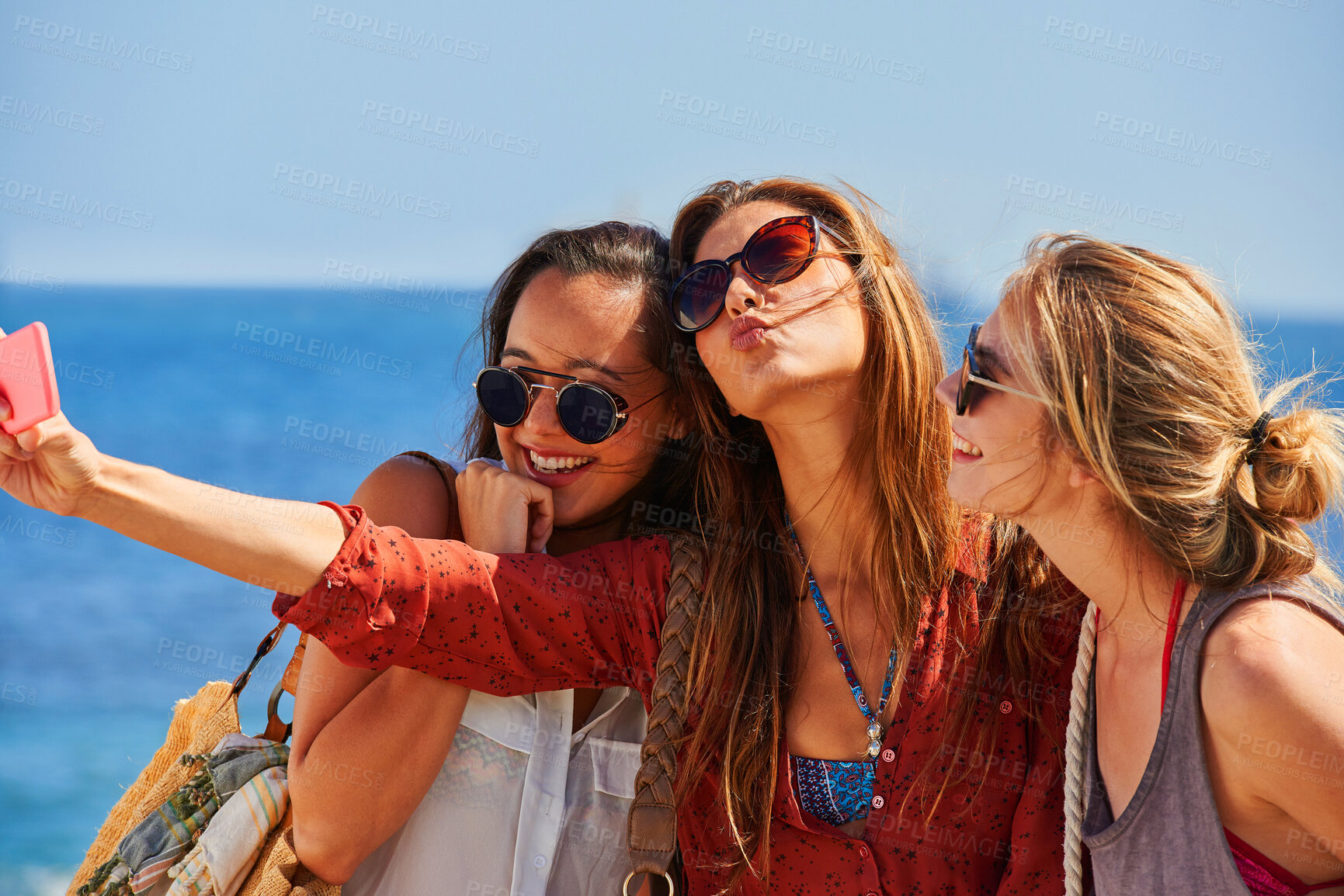 Buy stock photo Women, smile and selfie at beach on holiday for online post, summer and memory of adventure together. Friends, love and happy with digital photography by ocean water for weekend trip update in Cancun