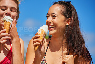 Buy stock photo Laughing, friends and women eating ice cream outdoor, having fun and funny on summer vacation. Gelato, girls and happy people with dessert, vanilla or food for bonding together, holiday or travel.