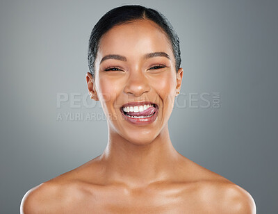 Buy stock photo Smile, makeup or portrait of happy woman with skincare or facial glow in studio on grey background. Dermatology treatment, face or confident model with cosmetics, beauty and transformation results