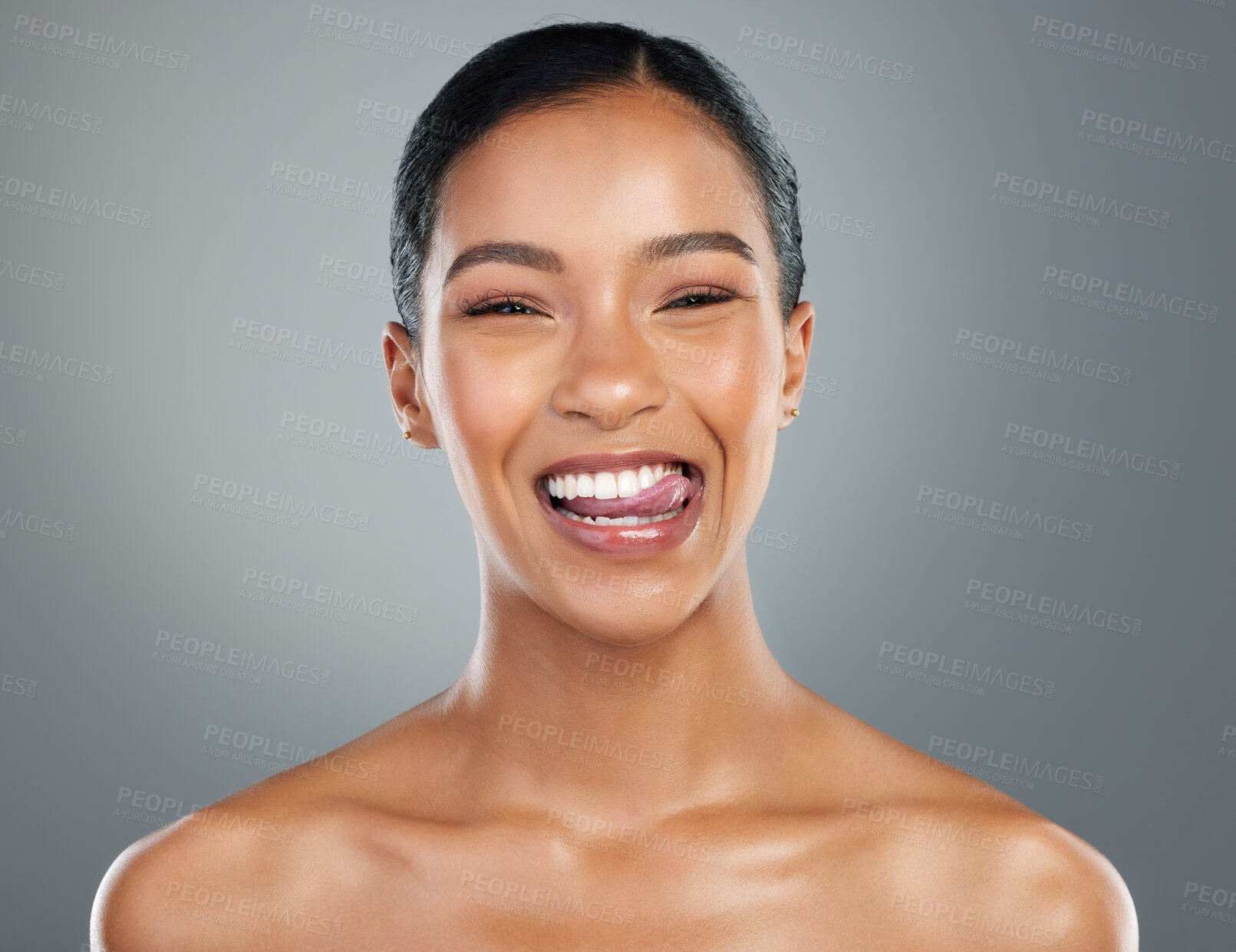 Buy stock photo Smile, makeup or portrait of happy woman with skincare or facial glow in studio on grey background. Dermatology treatment, face or confident model with cosmetics, beauty and transformation results