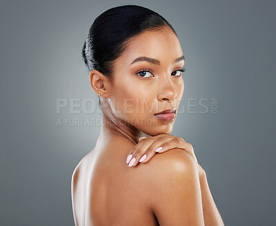 Buy stock photo Woman, beauty and skincare in studio portrait with natural glow, wellness and beauty by background. Girl, person and model with cosmetics, makeup and healthy with touch for transformation in Colombia