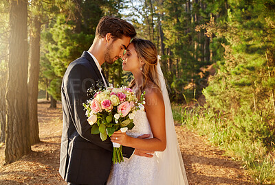 Buy stock photo Wedding, married and couple hug in park, forest and nature for celebration of partner, care and marriage. Bride, groom and love in garden for romance, bridal event and celebrate commitment ceremony 