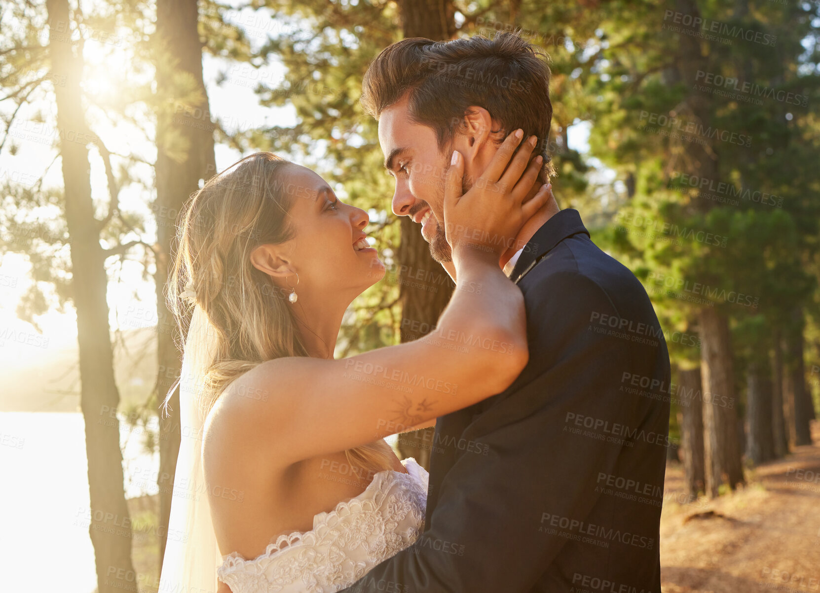 Buy stock photo Wedding, married and love of happy couple in park, forest and nature for celebration of union, care and marriage. Bride, groom and smile in garden for romance, bridal event and celebrate commitment 