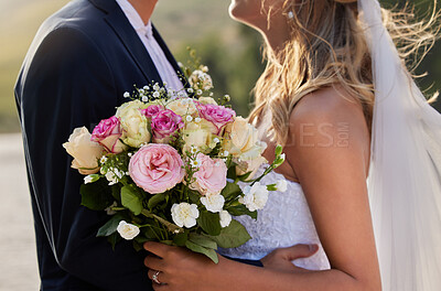 Buy stock photo Flower bouquet, marriage hug and wedding ceremony couple for unity commitment, romantic trust or union event. Bridal flowers, love and body embrace of groom, bride or fiance in solidarity and support