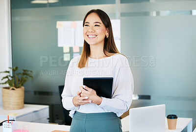 Buy stock photo Office, business woman and tablet in planning for project, career and administration as professional. Female person, thinking and technology for company, management and accounting firm in bookkeeping