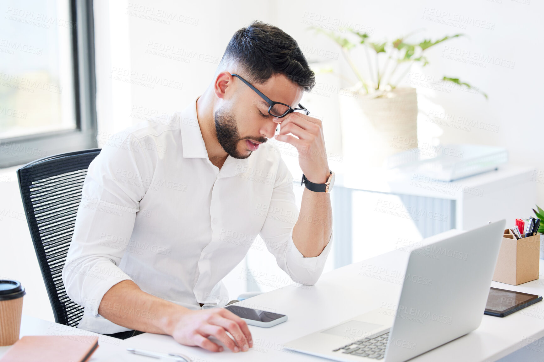 Buy stock photo Businessman, headache or laptop with stress for pressure, bankruptcy or deadline at office. Man, employee or accountant with migraine on computer for debt, vertigo or financial crisis at workplace