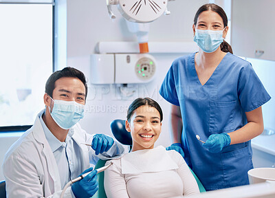 Buy stock photo Portrait of dentist and patient in consultation for teeth whitening, service and dental care. Healthcare, dentistry and orthodontist with equipment for woman for oral hygiene, wellness and cleaning