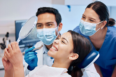 Buy stock photo Dentist, mirror and woman with smile in consultation for teeth whitening, service and dental care. Healthcare, dentistry and female patient with orthodontist for oral hygiene, wellness and cleaning