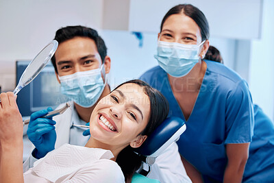 Buy stock photo Smile, mirror and portrait of woman with dentist after teeth whitening, service and dental care. Healthcare, dentistry and female patient with orthodontist for oral hygiene, wellness and cleaning