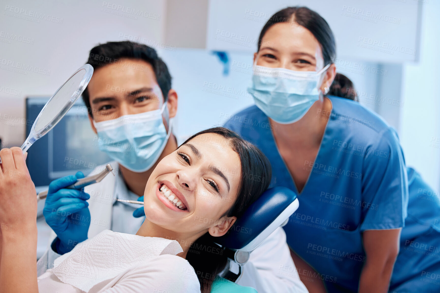 Buy stock photo Smile, mirror and portrait of woman with dentist after teeth whitening, service and dental care. Healthcare, dentistry and female patient with orthodontist for oral hygiene, wellness and cleaning