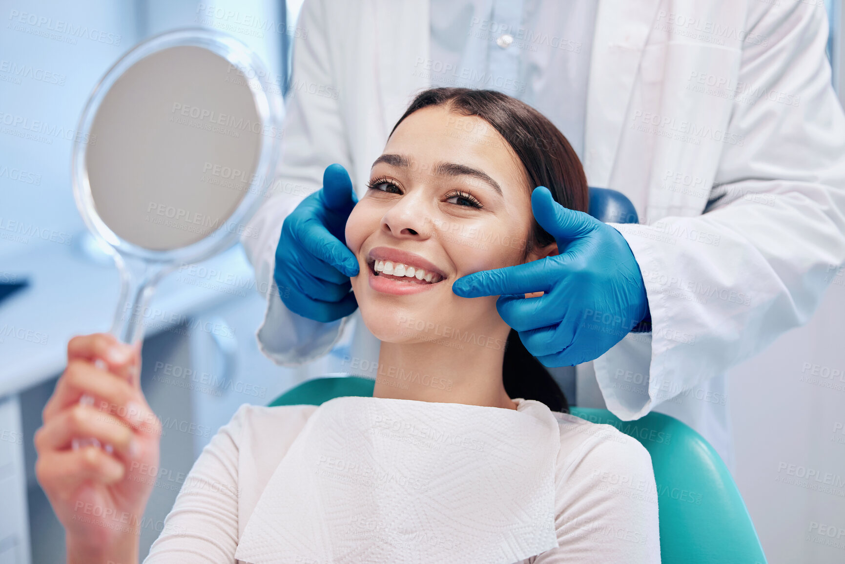 Buy stock photo Dentist, mirror and portrait of woman with smile after teeth whitening, service and dental care. Healthcare, dentistry and female patient with orthodontist for oral hygiene, wellness and cleaning