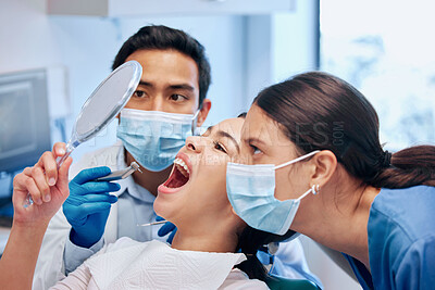 Buy stock photo Dentist, mirror and woman check mouth after teeth whitening, service and dental care. Healthcare, dentistry and female patient with orthodontist for oral hygiene, wellness or cleaning in consultation