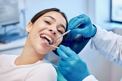 Buy stock photo Healthcare, dentist tools and portrait of woman for teeth whitening, service and dental care. Medical consulting, dentistry and orthodontist with patient for oral hygiene, wellness and cleaning