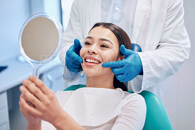 Buy stock photo Dentist, mirror and woman check smile after teeth cleaning, braces and dental consultation. Healthcare, dentistry and happy female patient with orthodontist for oral hygiene, wellness and cleaning