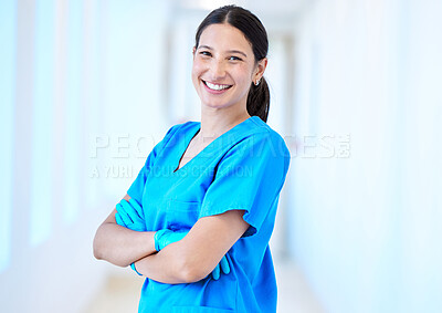 Buy stock photo Woman, nurse smile and portrait with arms crossed and job in a hospital and clinic. Employee, healthcare and wellness professional with happiness and confidence from doctor and medical work and care
