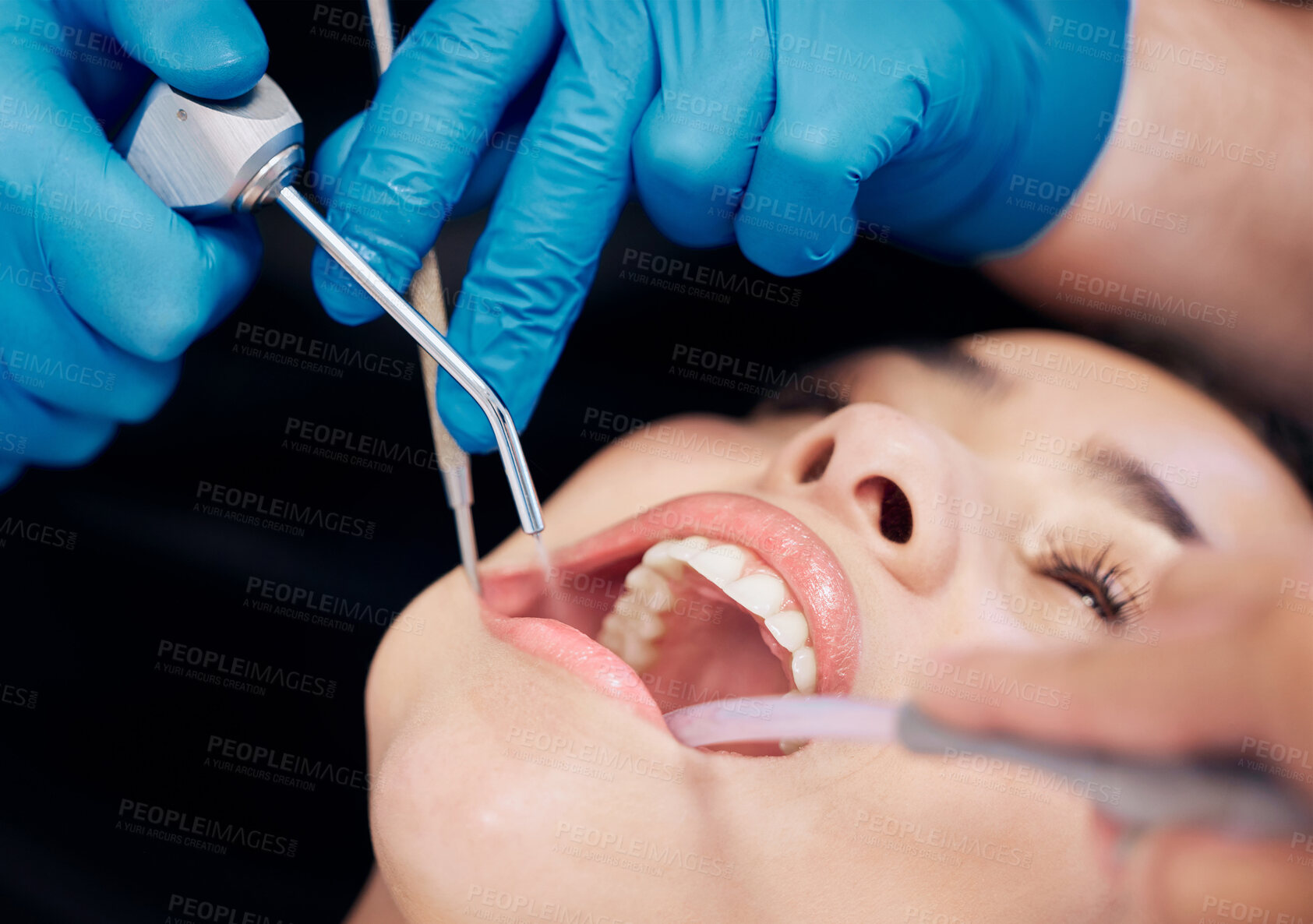 Buy stock photo Dental, mouth and woman consutling dentist for teeth whitening, wellness and bacteria, cavity or gingivitis prevention. Oral, procedure and expert with tools for cleaning, inspection or procedure