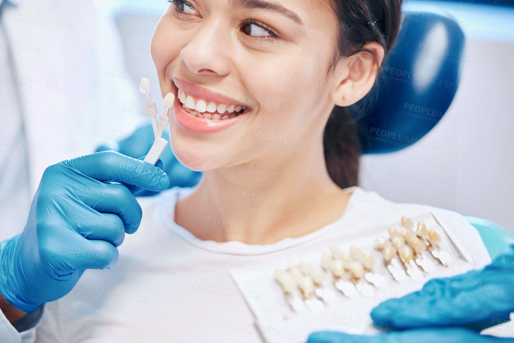 Buy stock photo Dentist, woman and dental sample for teeth whitening with choice, decision or implant crown of comparison results. Smile, patient and orthodontist with porcelain veneers, colour guide and healthcare