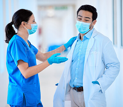 Buy stock photo Team, doctors and clinic for planning on medicine, solidarity and communication for healthcare. Employees, face mask and collaboration for patient diagnosis or treatment, people and hospital