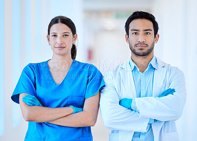 Buy stock photo Team, doctors and portrait with arms crossed for healthcare, collaboration and solidarity for trust in hospital. Man, woman and cardiology employees with confidence and support for medical career