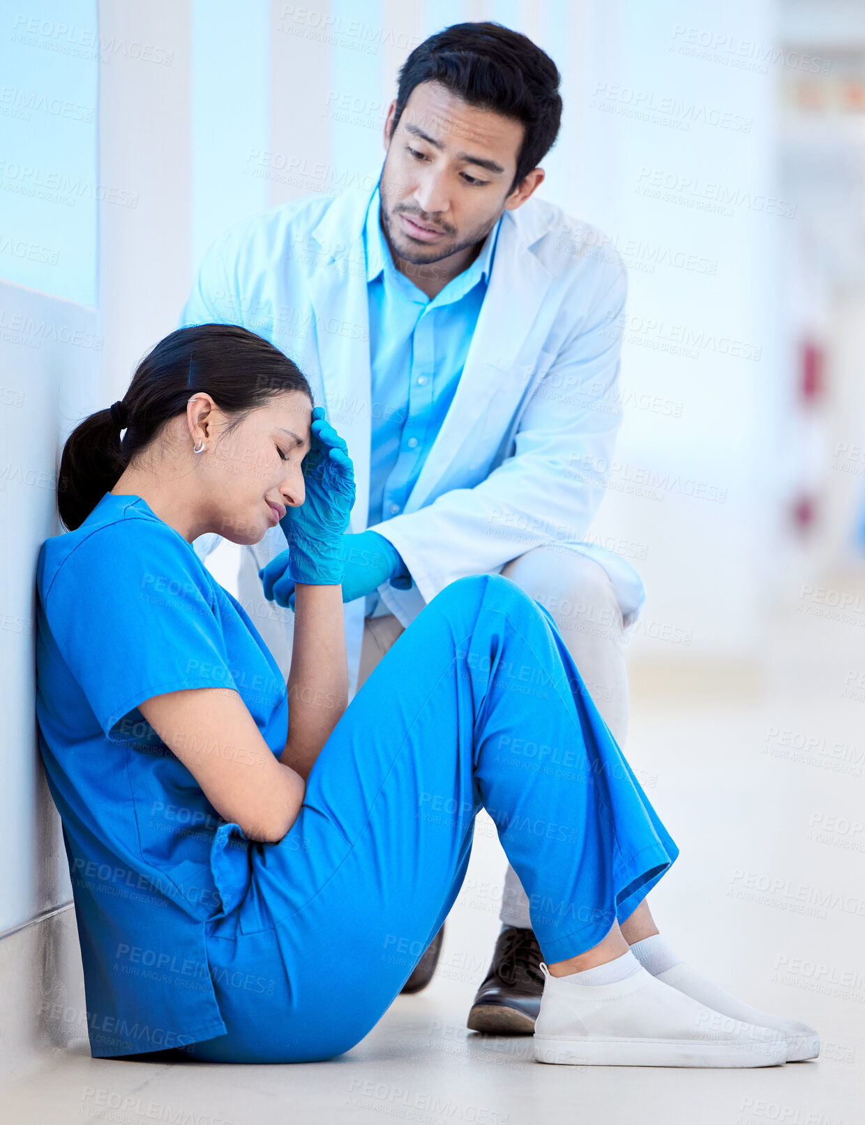 Buy stock photo Stress, crying and doctor comfort girl nurse on hospital floor with mistake, disaster and surgery fail. Anxiety, crisis and healthcare people at clinic with depression, burnout and support for loss