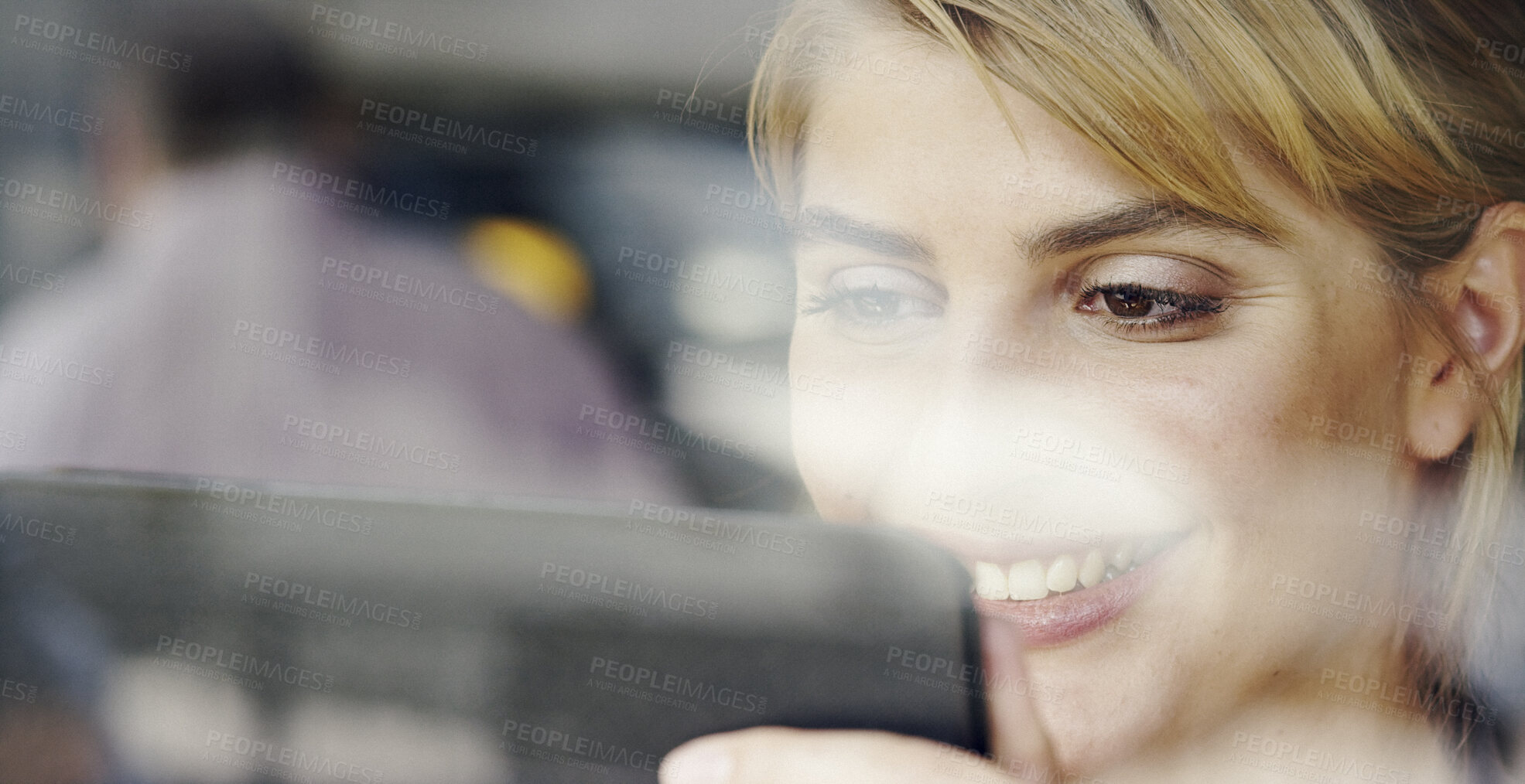 Buy stock photo Woman, smile and remote work with tablet in cafe for email, communication and freelance trading. Investor, reading and happy with tech at restaurant for investment, research and stock market growth