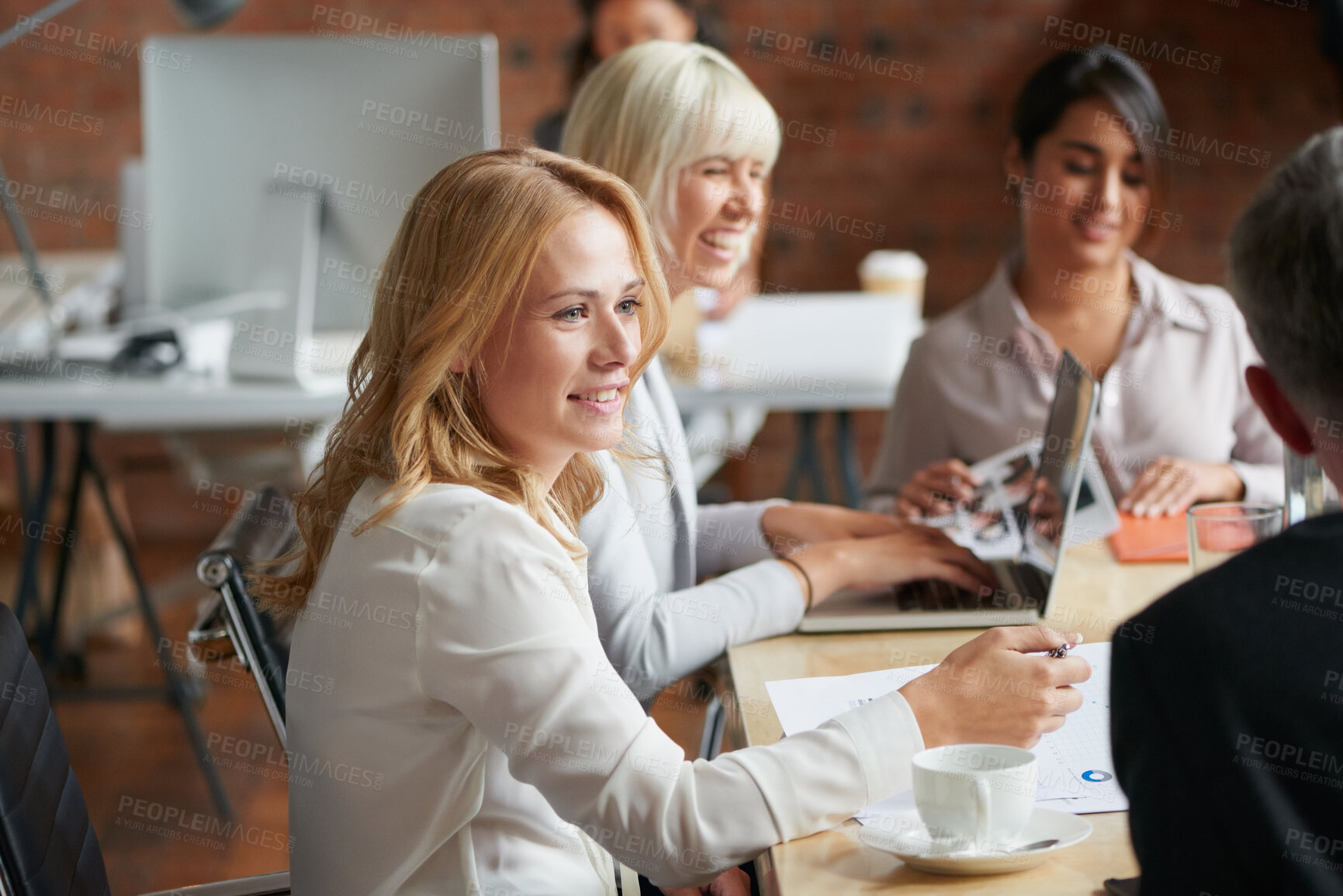 Buy stock photo Meeting, laptop and business people in discussion at office for planning, teamwork and project ideas. Creative agency, collaboration and men and women with documents for feedback, review and talking