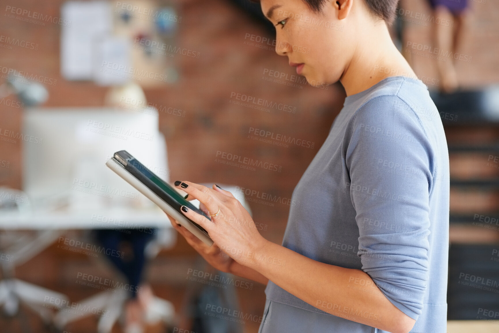 Buy stock photo Business, asian woman and working on tablet in office for online networking, email communication or planning creative stratergy. Entrepreneur, startup tech stratergy and website ux design on ipad