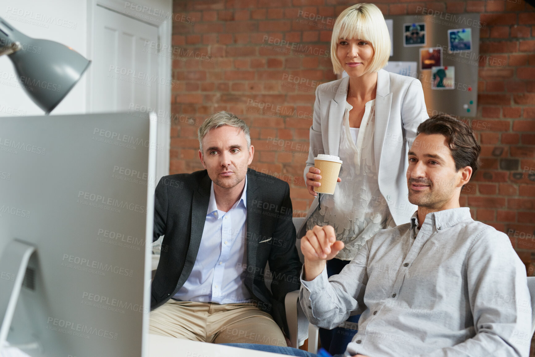 Buy stock photo Creative, planning and business people in office with computer, discussion or web collaboration. Development, design advice and team at desk for opinion, brainstorming or consulting at digital agency