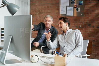 Buy stock photo Advice, planning and business people in office with computer, discussion and creative collaboration. Teamwork, web design and men at desk for opinion, partnership and consulting at digital agency