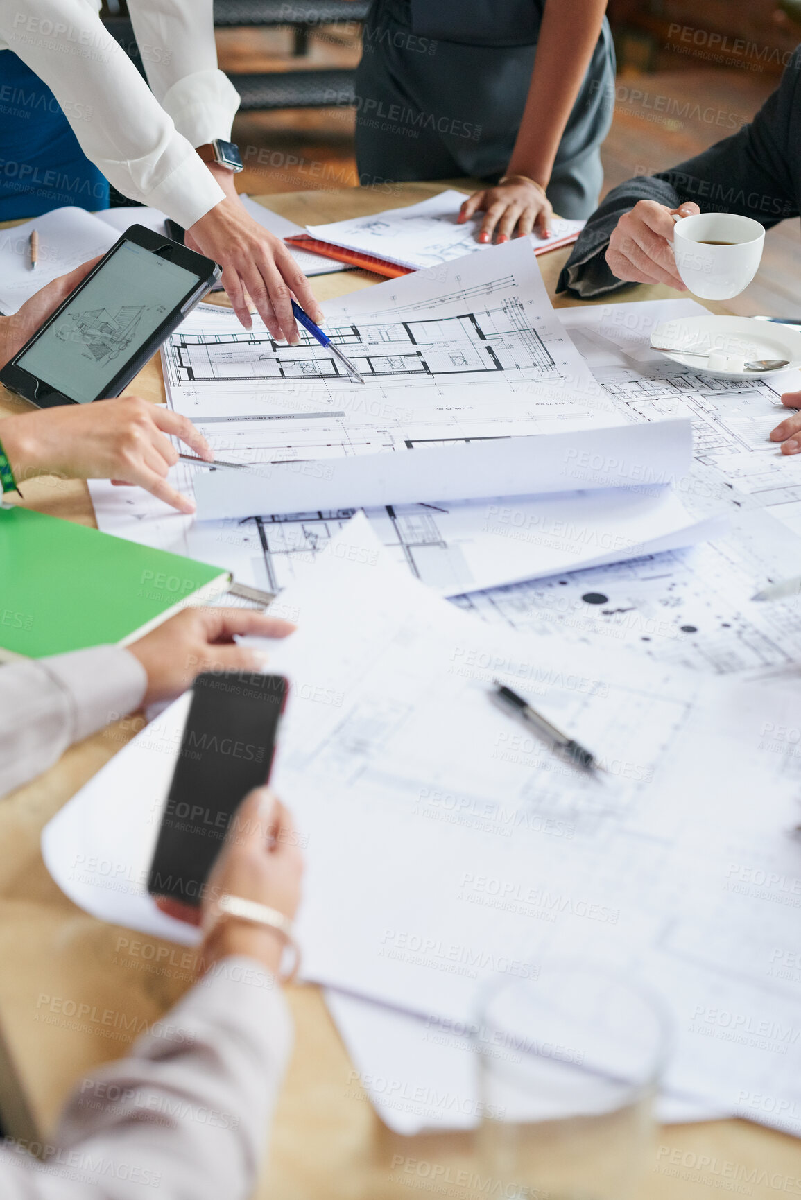 Buy stock photo Architecture, blueprint and hands of business people in office with discussion, advice and creative collaboration. Building, development and team in meeting with floor plan, ideas and design workshop