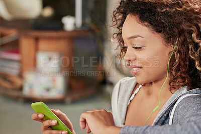 Buy stock photo Black woman, phone and listening to music to relax with smartphone for streaming, podcast and communication with home wifi. Happy african female on internet for peace and calm during free time