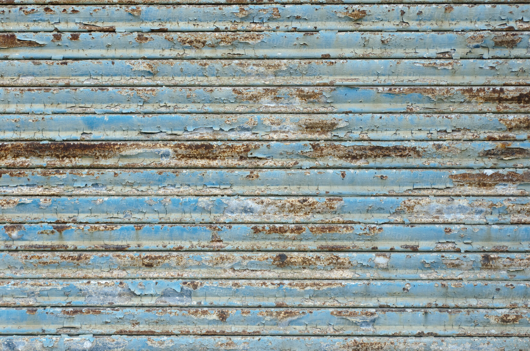 Buy stock photo Paint peeling on metal door. Blue paint peeling on rusted metal door