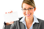 Business card held by woman. businesswoman holding business card