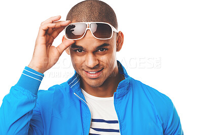 Buy stock photo Man, studio and fashion with smile portrait, face and happy customer for stylish optometry sunglasses. Mockup, and summer for funky eyewear product, vision and optical deal for trend on backdrop