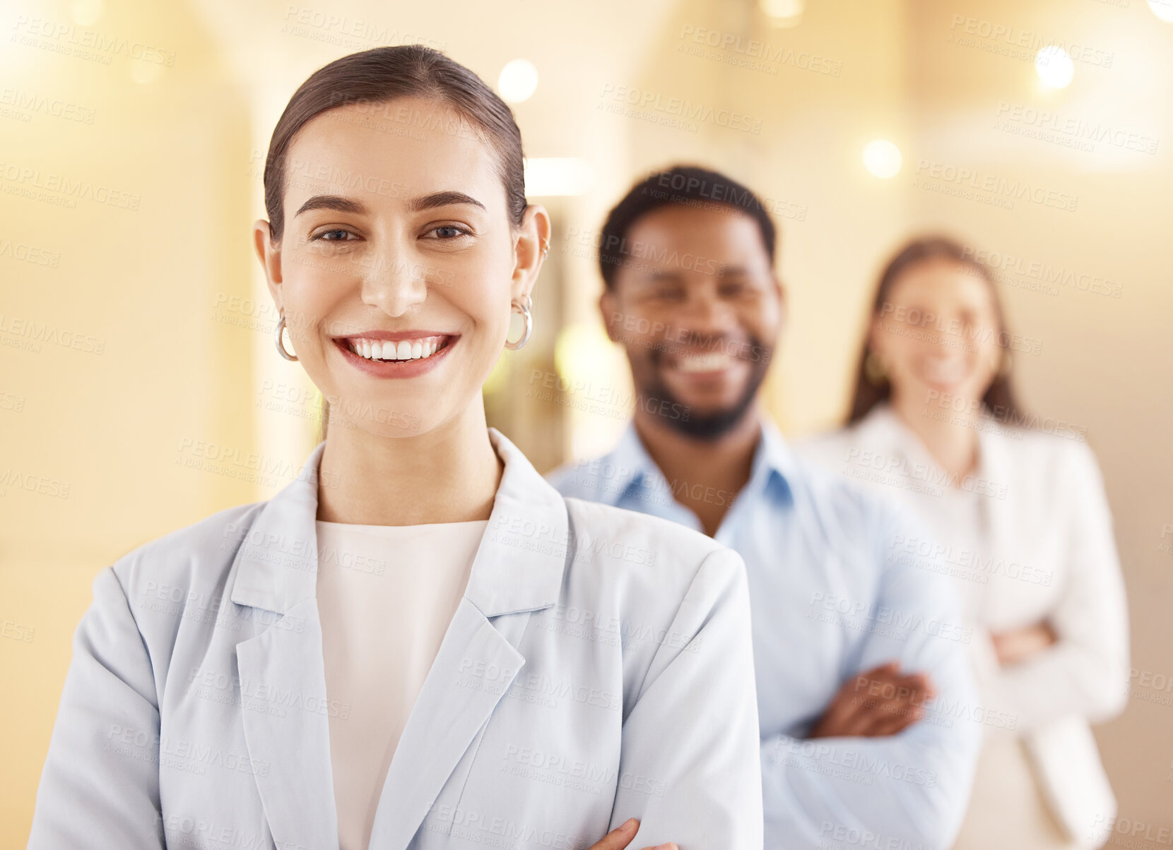 Buy stock photo Smile, crossed arms and portrait of business people in office for diversity, unity and staff at startup. Happy, teamwork and female manager with creative designers for internship career at workplace.