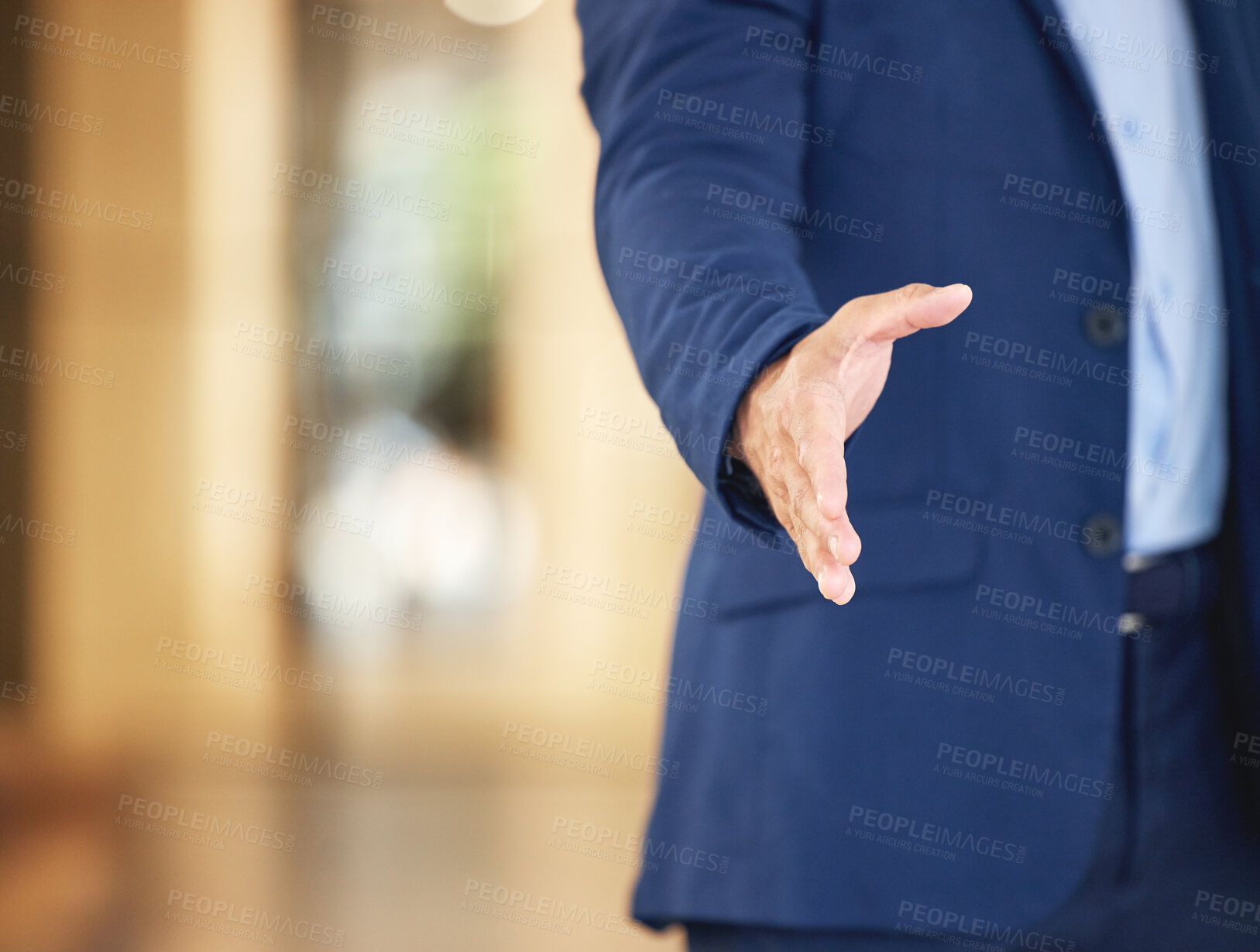 Buy stock photo Businessman, meeting and interview with handshake for greeting, agreement or deal at office. Closeup of man or employee shaking hands for team hiring, recruiting or partnership in b2b at workplace