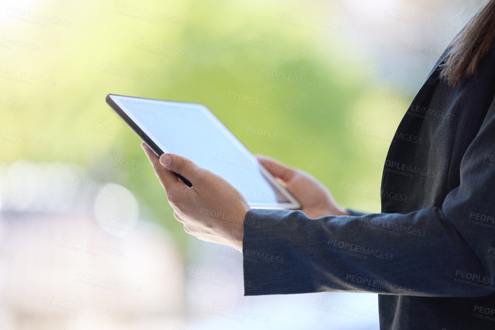 Buy stock photo Business woman, hands and reading with tablet for research, news or information at office. Closeup of female person, employee or trader on technology for online trading, browsing or app at workplace