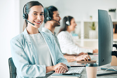 Buy stock photo Young woman, call center and portrait with smile, consulting and customer service with computer in office. Girl, telemarketing agent and pride for job, contact us and happy at tech support help desk